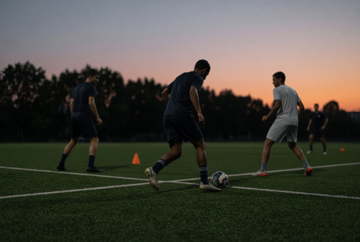 Latihan sepak bola saat senja