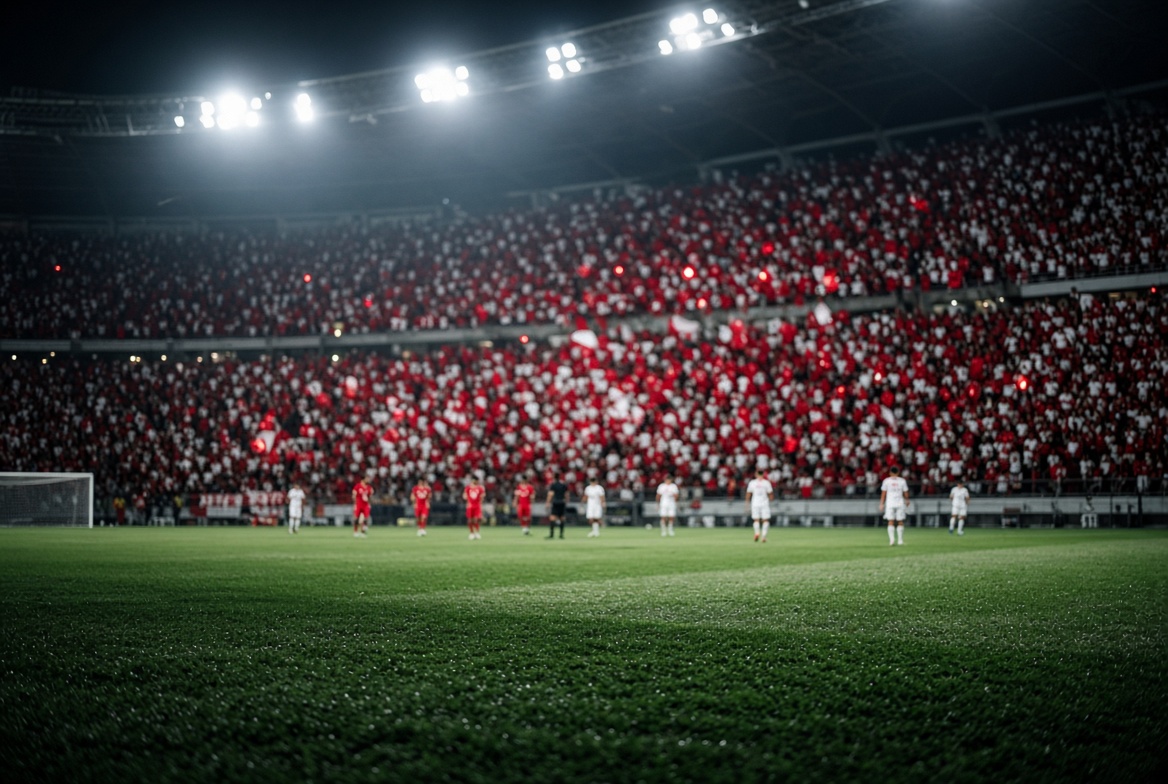 Stadion malam dengan tribun merah-putih