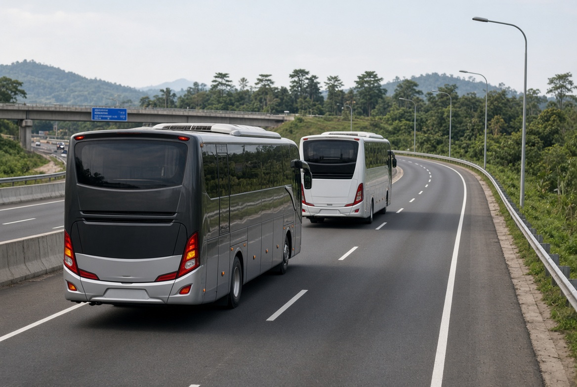 Bus di tol: cuplikan mudah diberi narasi baru.